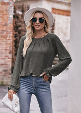 Casual Round Neck Pleated Long Sleeve T-shirt