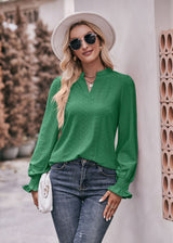 Solid Color Hole V-neck Long Sleeve Shirt