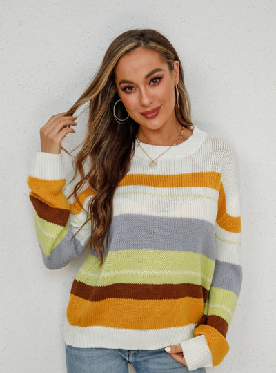 Spliced Round Neck Loose Long-sleeved Sweater