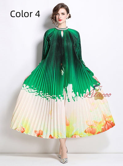 Nail Bead Printed Pleated Pearl Dress