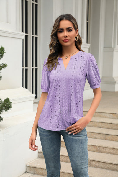 Casual V-neck Bubble Sleeve Loose T-shirt