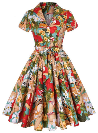 Women Retro Lapel Short Sleeve Printed Dress