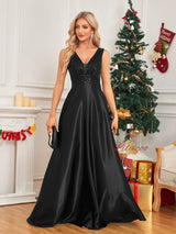 Deep V-neck Satin Sequins Prom Dress