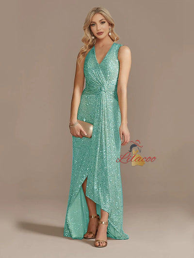 Champagne Sequins V-neck Split Prom Dress