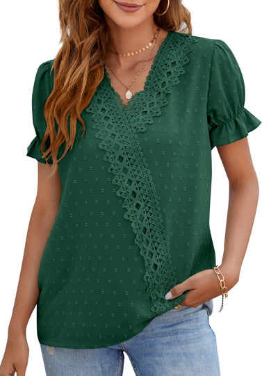 Chiffon Wool Ball Lace V-neck Short Sleeve Shirt