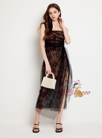 Lace Bead Mesh Slit Slim Dress