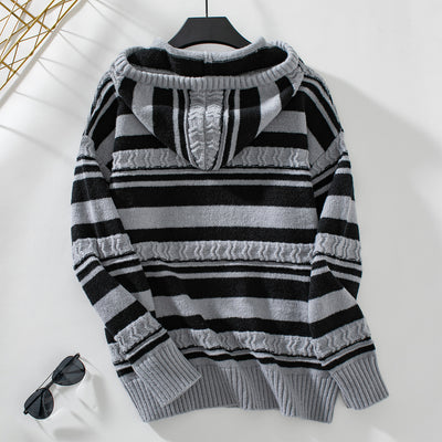 Striped Pullover Hooded Drawstring Knit Top Sweater