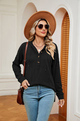 Solid Color Button Long Sleeve Hooded Loose Top