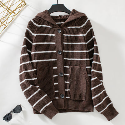 Hooded Striped Knit Cardigan Sweater