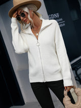 High Neck Solid Color Zipper Sweater Coat