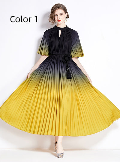 Fashion Gradient Print Pleated Long Dress