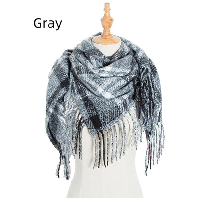 Fringed Square Scarf Black and White Plaid Shawl