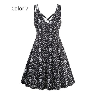 V-neck Suspender Halloween Printed Dress