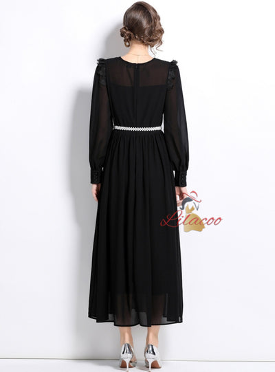 Lace Stitching Chiffon Long Sleeve Dress