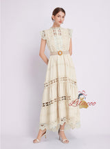 Solid Color Long Stand-up Collar Sleeveless Openwork Dress