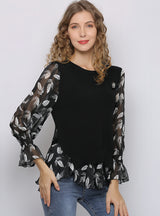 Loose Print Trumpet Sleeves Shirt