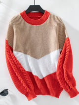 Contrasting Color Round Neck Loose Twisted Sweater