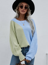 Bat Sleeve Color Matching Round Neck Sweater