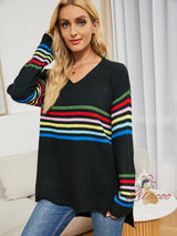 Striped Rainbow Pullover V-neck Knitted Sweater