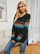 Striped Rainbow Pullover V-neck Knitted Sweater