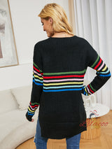 Striped Rainbow Pullover V-neck Knitted Sweater