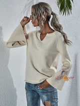 V-neck Loose Flared Sleeve Solid Color Sweater