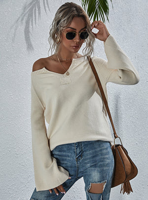 V-neck Loose Flared Sleeve Solid Color Sweater