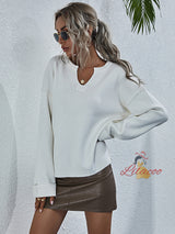 Solid Color Loose V neck Pullover Sweater