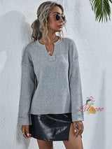 Solid Color Loose V neck Pullover Sweater