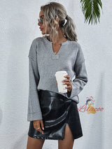 Solid Color Loose V neck Pullover Sweater