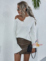 V-neck Loose Flared Sleeve Solid Color Sweater