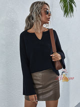 V-neck Loose Flared Sleeve Solid Color Sweater