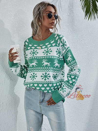 Elk Crewneck Christmas Snowflake Sweater