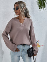 Solid Color Loose V neck Pullover Sweater