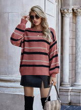 Striped Stitching Long Sleeve Round Neck Sweater