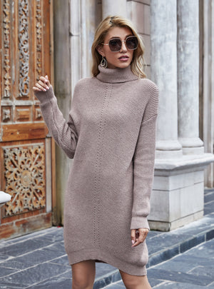 Pullover Loose Solid Color High Neck Sweater Dress