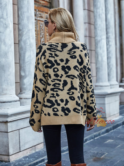 Leopard Print Loose Turtle Neck Sweater