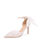 White Satin High-heeled Thin Pointed Bow Shoes