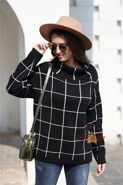 Loose Check High Neck Sweater