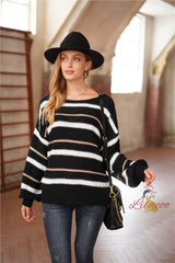 Striped Stitching Long Sleeve Round Neck Sweater