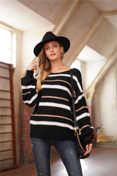 Striped Stitching Long Sleeve Round Neck Sweater