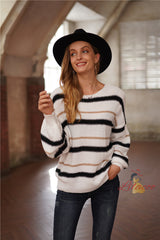 Striped Stitching Long Sleeve Round Neck Sweater