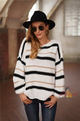 Striped Stitching Long Sleeve Round Neck Sweater