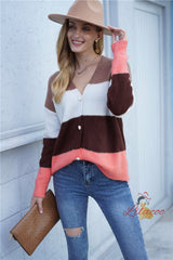 Striped Button V-neck Loose Sweater