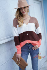 Striped Button V-neck Loose Sweater