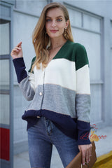 Striped Button V-neck Loose Sweater