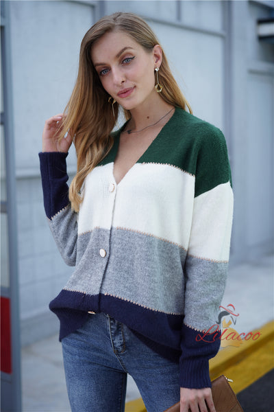 Striped Button V-neck Loose Sweater