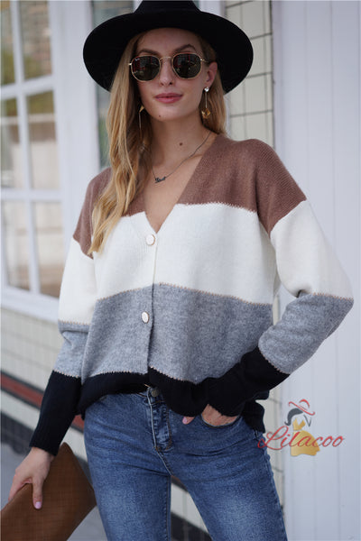 Striped Button V-neck Loose Sweater