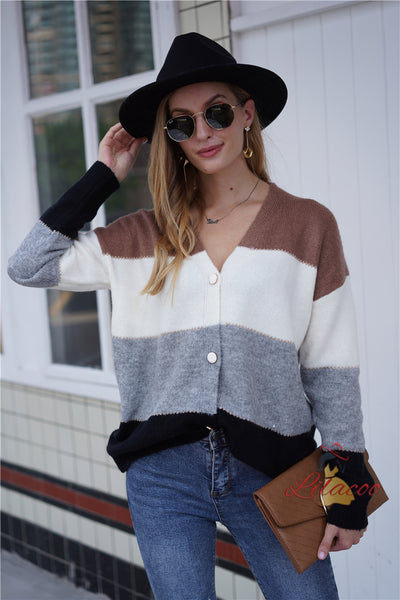 Striped Button V-neck Loose Sweater