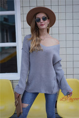 Loose Large Pullover Solid Color V-neck Sweater